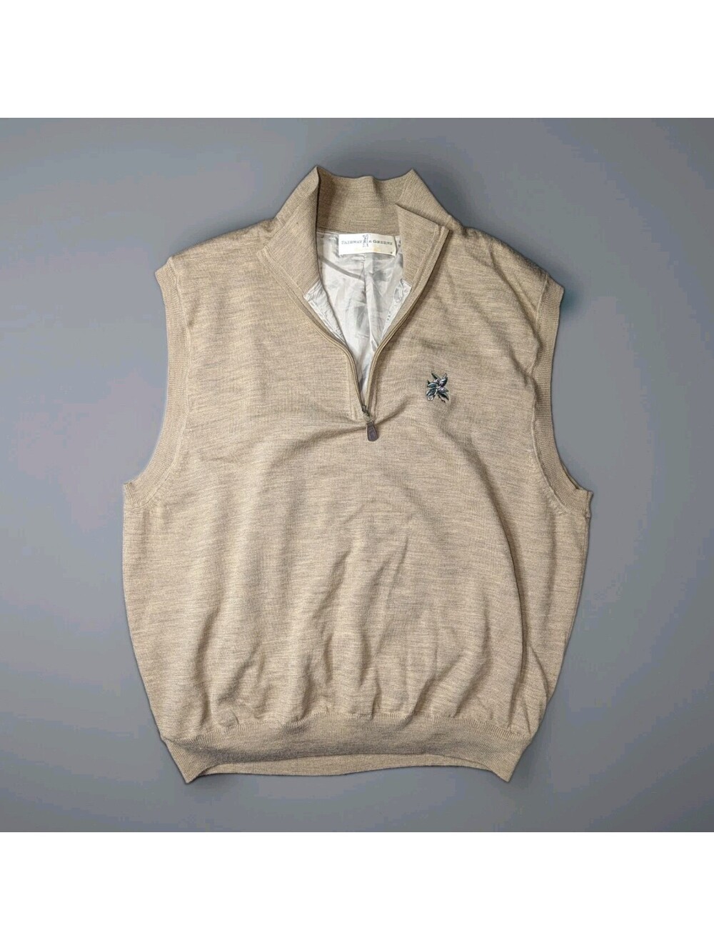 Fairway Greene Golf Sweater Vest Quarter Zip Beige Wool Azalea Club Logo Large